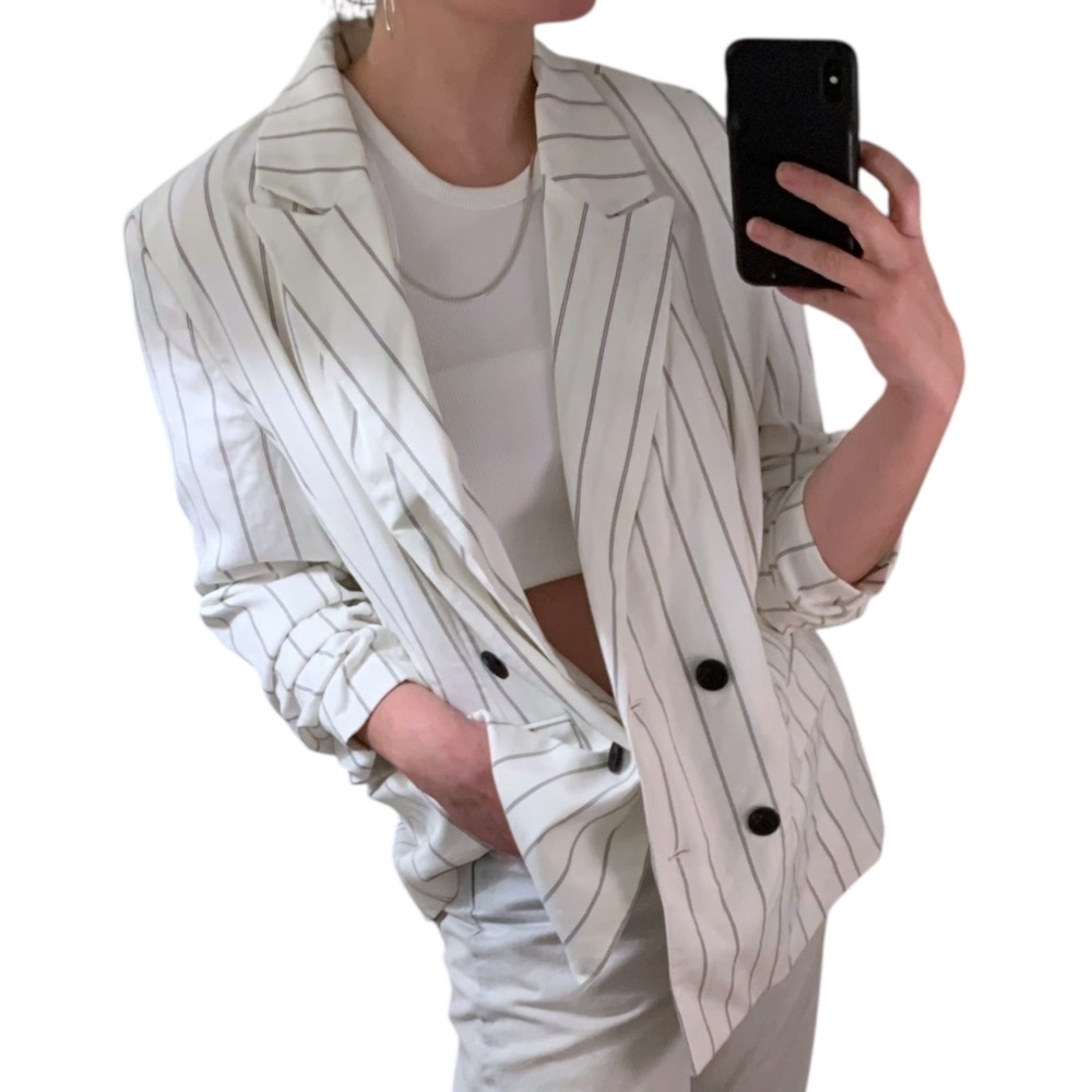 NWOT A NEW DAY 100% Cotton White Black Pinstripe Double Breasted Blazer - sz 16W - Picture 2 of 16